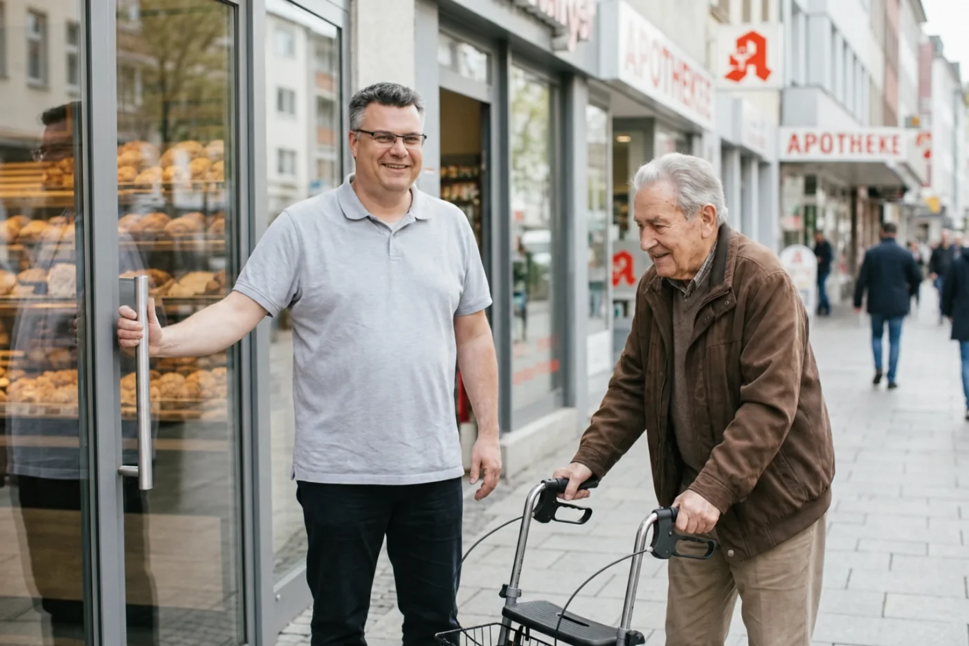 Matthias Henning hält einem Senior mit Rollator die Ladentür auf — Alltagsbegleitung in Düsseldorf