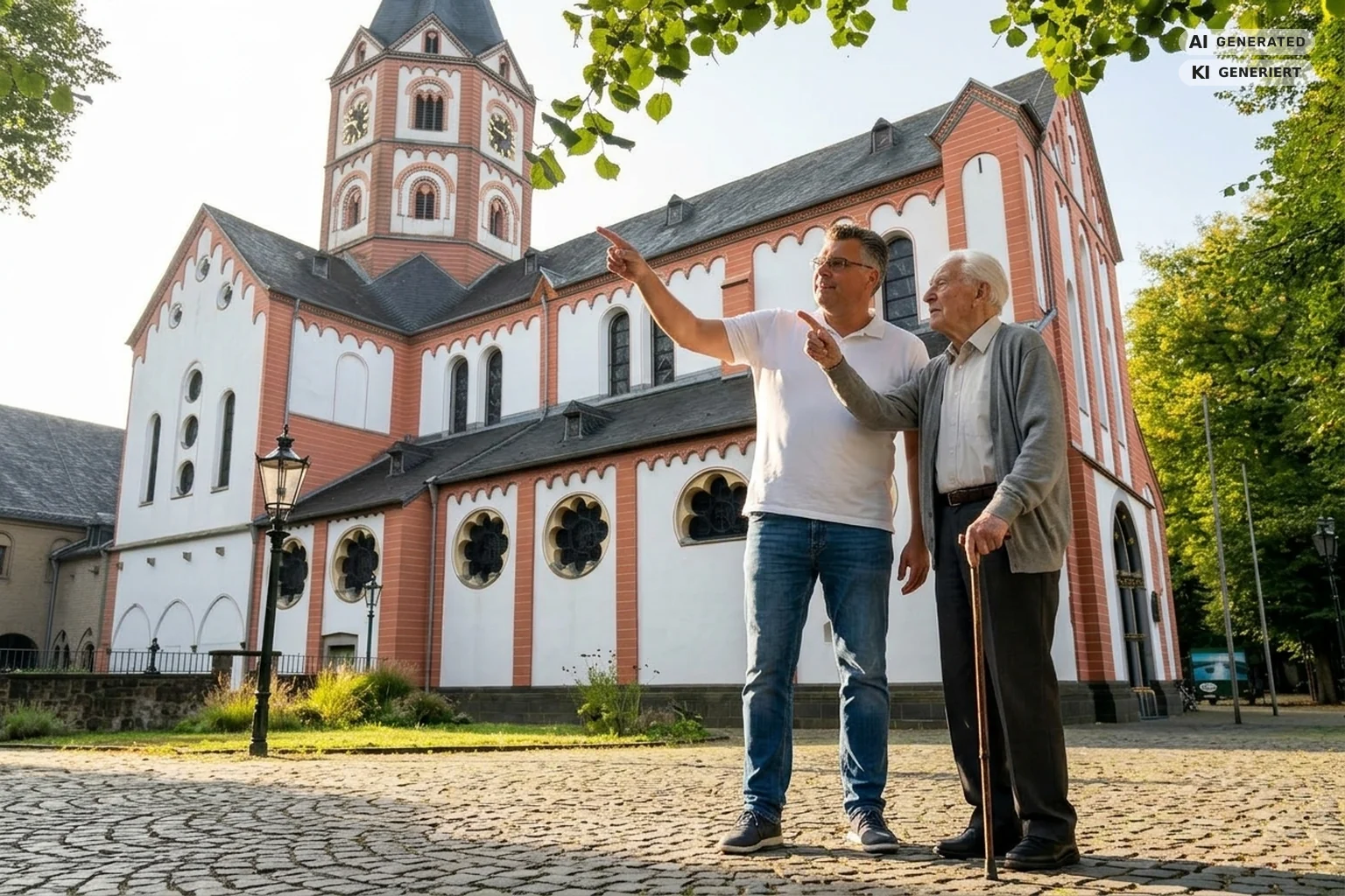 Matthias Henning mit einem Senior vor der Basilika St. Margareta in Düsseldorf-Gerresheim – Seniorenassistenz Henning