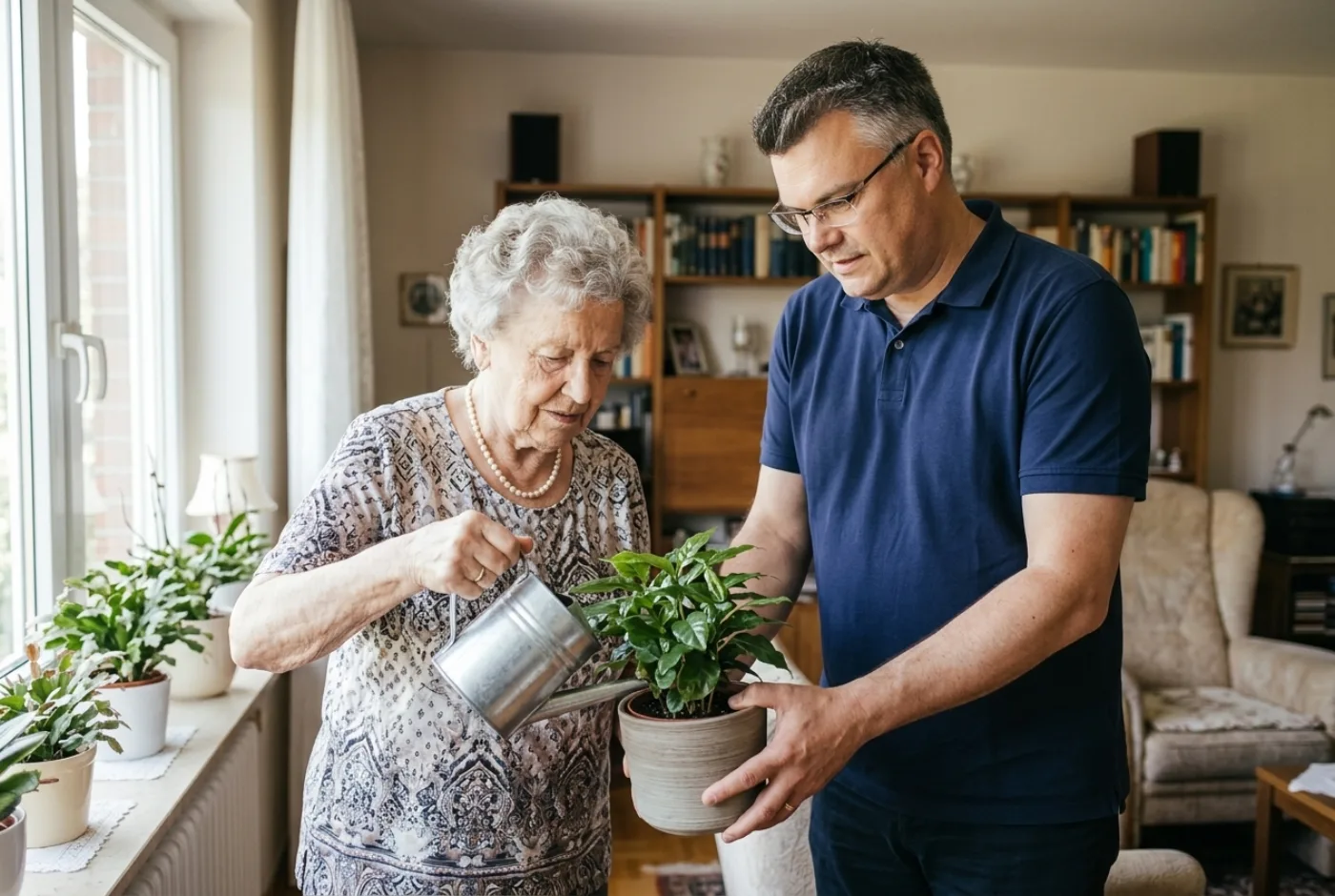 Matthias Henning beim Gespräch mit einer Seniorin zuhause – Seniorenassistenz Gerresheim