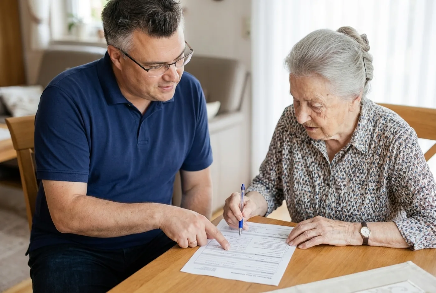 Matthias Henning hilft einer Seniorin zuhause beim Schriftverkehr – Seniorenassistenz Hochdahl
