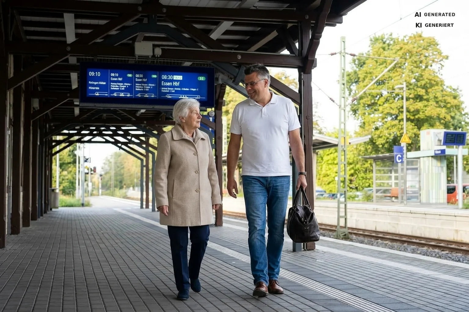 Matthias Henning begleitet eine Seniorin auf dem Bahnsteig in Ratingen-Hösel – Seniorenassistenz Henning