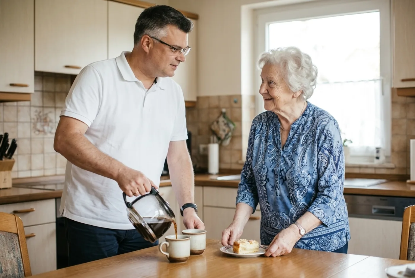 Matthias Henning beim Kaffee und Gespräch mit einer Seniorin zuhause – Seniorenassistenz Hösel