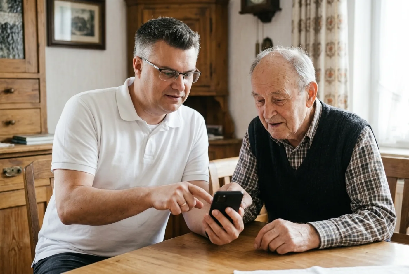 Matthias Henning beim Gespräch mit einem Senior zuhause – Seniorenassistenz Hubbelrath