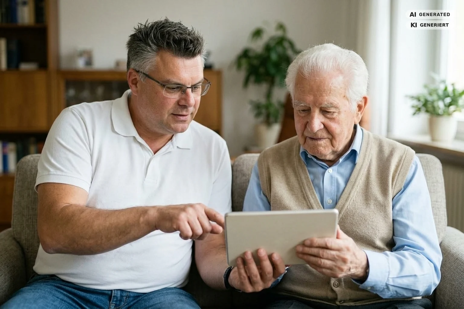 Matthias Henning erklärt einem Senior zuhause das Tablet – digitale Begleitung Mettmann