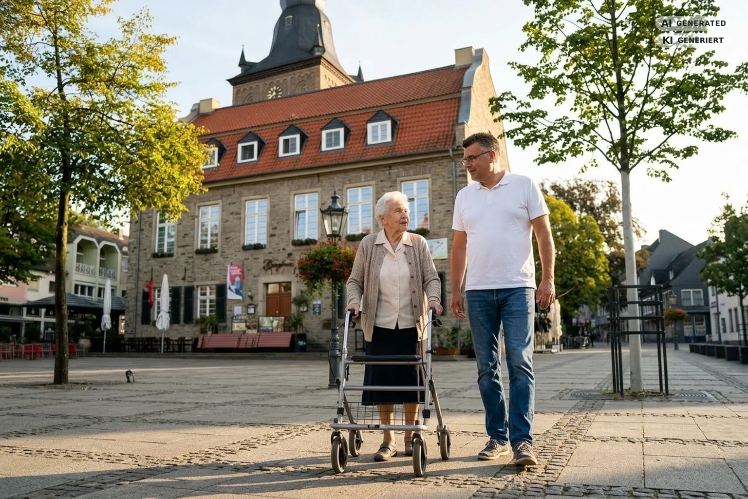 Matthias Henning begleitet eine Seniorin mit Rollator über den Marktplatz in Ratingen – Seniorenassistenz Henning