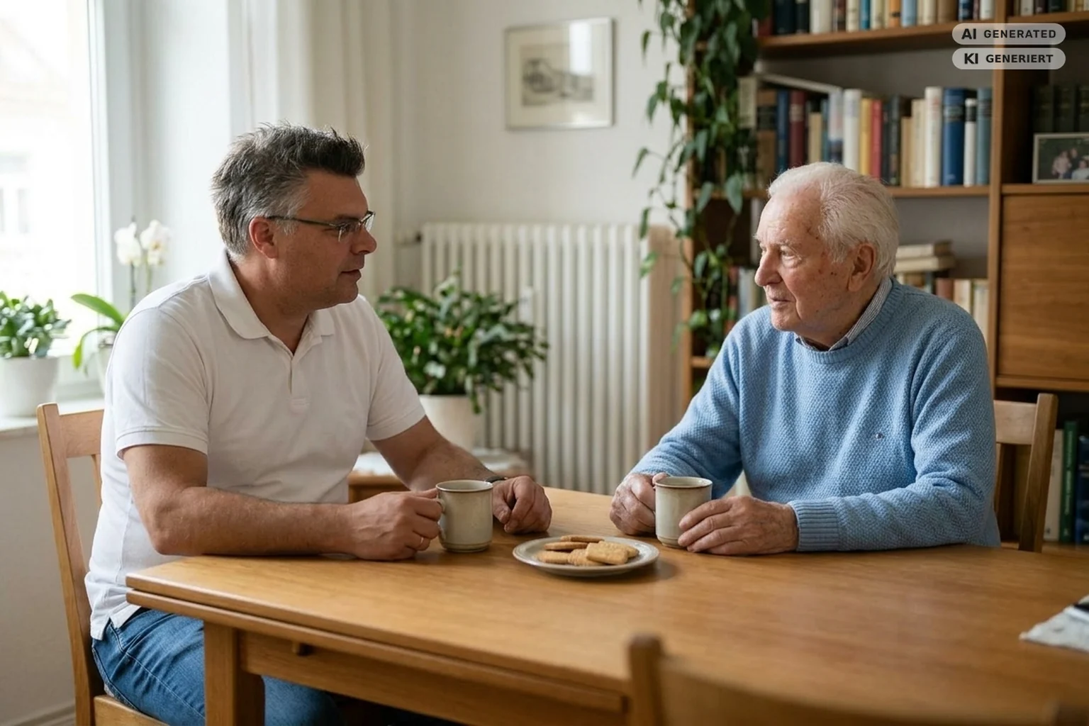 Matthias Henning beim Kaffee und Gespräch mit einem Senior zuhause – Seniorenassistenz Ratingen