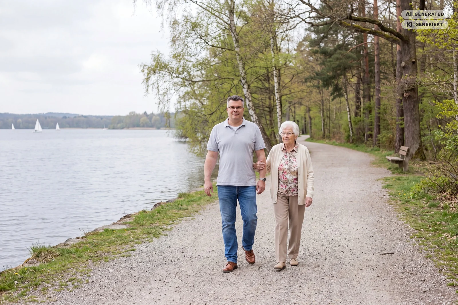 Matthias Henning begleitet eine Seniorin auf dem Uferweg am Unterbacher See – Seniorenassistenz Düsseldorf-Unterbach