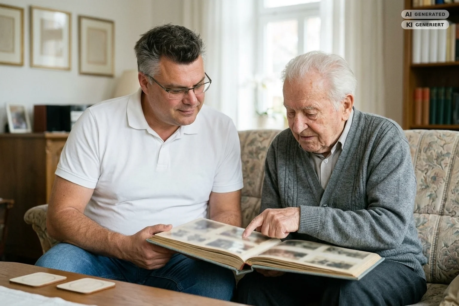 Matthias Henning schaut mit einem Senior zuhause ein Fotoalbum an – Alltagsbegleitung Unterbach