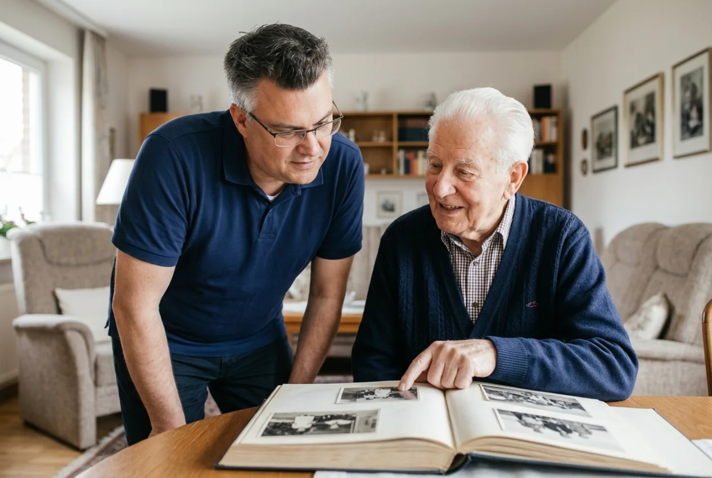 Matthias Henning schaut mit einem Senior zuhause ein Fotoalbum an – Seniorenassistenz Urdenbach