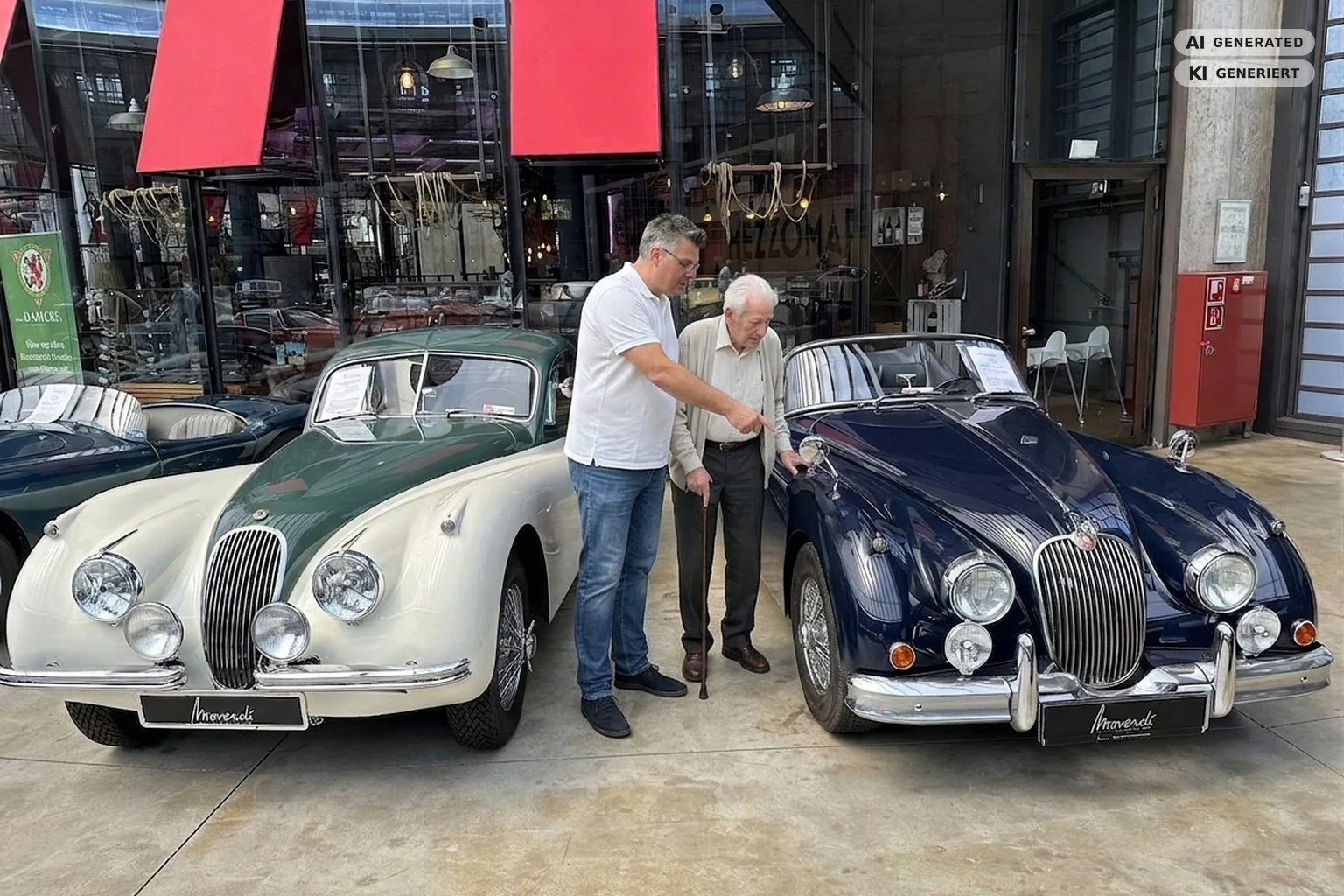 Matthias Henning mit einem Senior im Oldtimer-Showroom Classic Remise in Düsseldorf-Wersten – Seniorenassistenz Henning