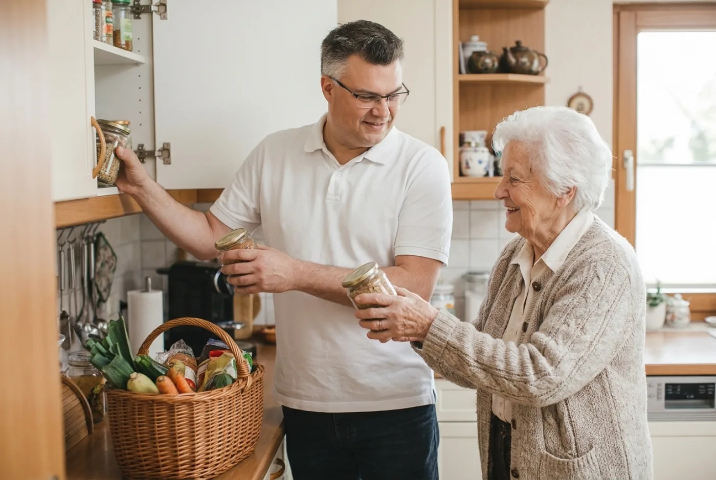 Matthias Henning hilft einer Seniorin zuhause beim Sortieren der Medikamente – Seniorenassistenz Wersten